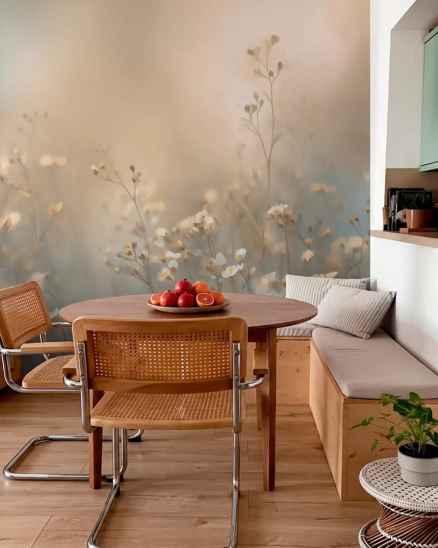 Papier peint des herbes des champs aux petites fleurs, mises en valeur par une faible profondeur de champ w05386