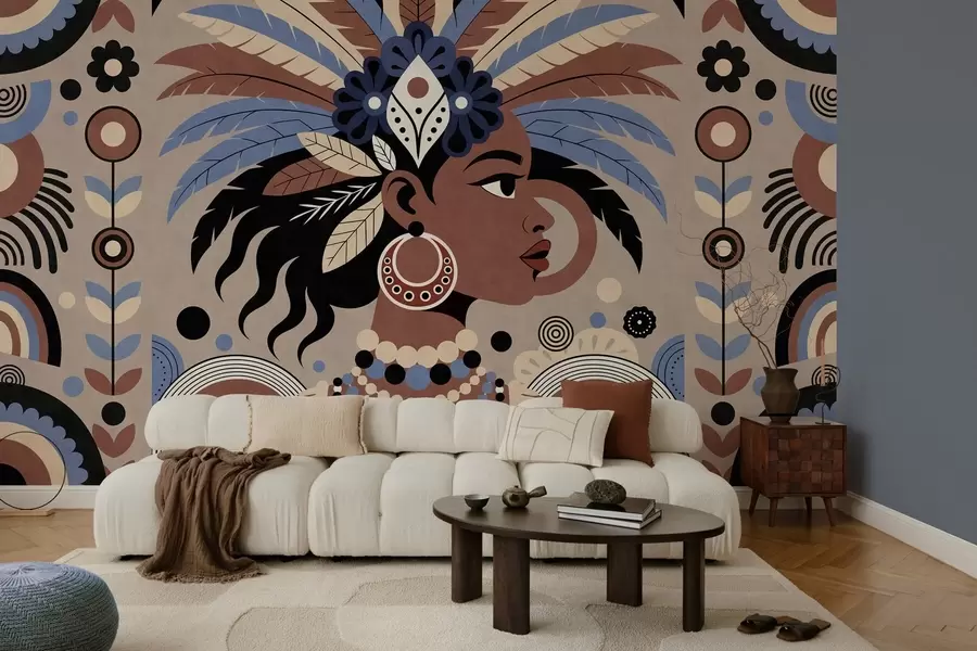 Papier peint un motif élégant d'inspiration africaine dans des tons de bleu et de chocolat w05389