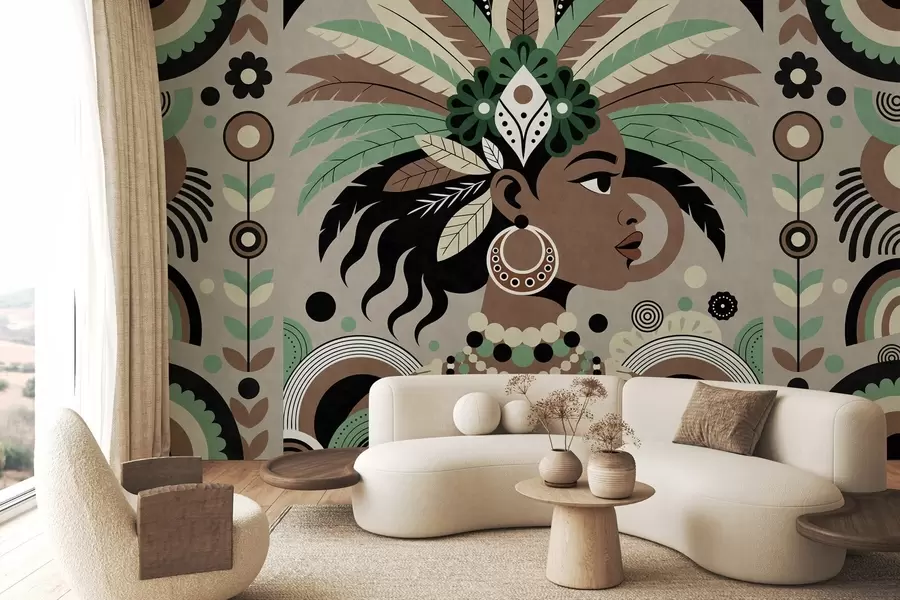 Papier peint un motif élégant d'inspiration africaine dans des tons de vert, de marron et de beige w05389v1