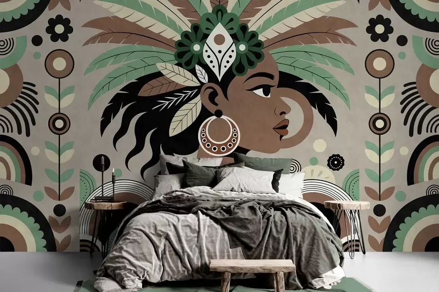 Papier peint un motif élégant d'inspiration africaine dans des tons de vert, de marron et de beige w05389v1