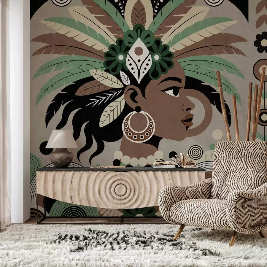 Papier peint un motif élégant d'inspiration africaine dans des tons de vert, de marron et de beige w05389v1