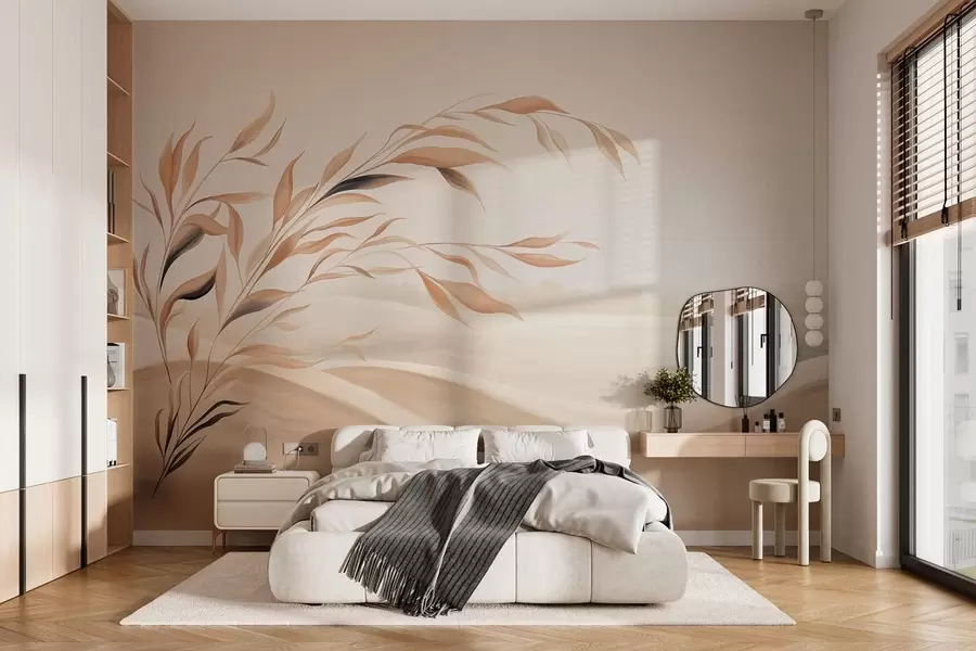 Papier peint Un paysage apaisant avec une branche au-dessus des collines, dans des tons beige clair w05297