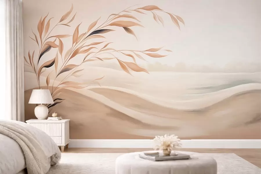 Papier peint Un paysage apaisant avec une branche au-dessus des collines, dans des tons beige clair w05297