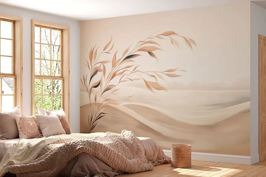Papier peint Un paysage apaisant avec une branche au-dessus des collines, dans des tons beige clair w05297