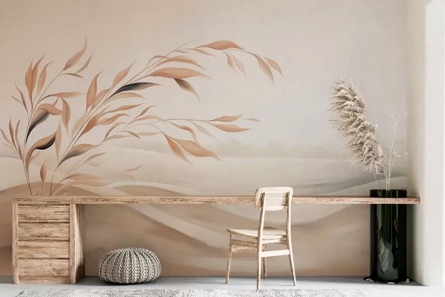 Papier peint Un paysage apaisant avec une branche au-dessus des collines, dans des tons beige clair w05297
