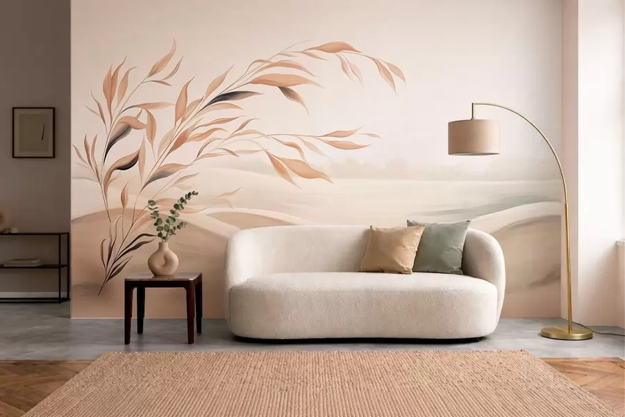 Papier peint Un paysage apaisant avec une branche au-dessus des collines, dans des tons beige clair w05297
