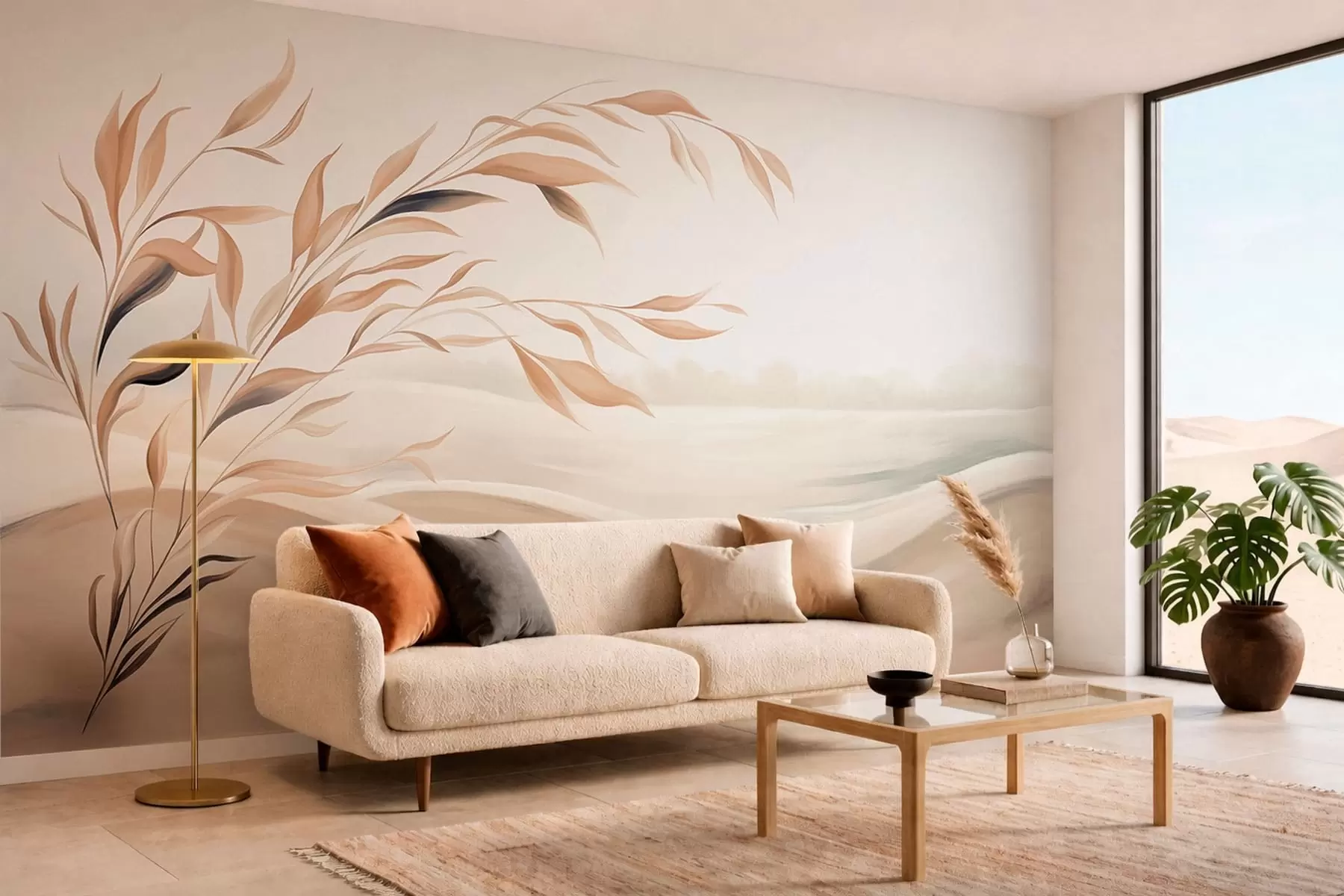 Papier peint Un paysage apaisant avec une branche au-dessus des collines, dans des tons beige clair w05297