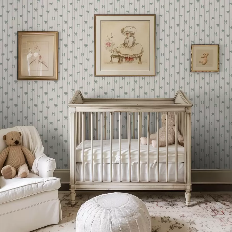 Papier peint Petits nœuds verts rayés sur fond beige a01076v2