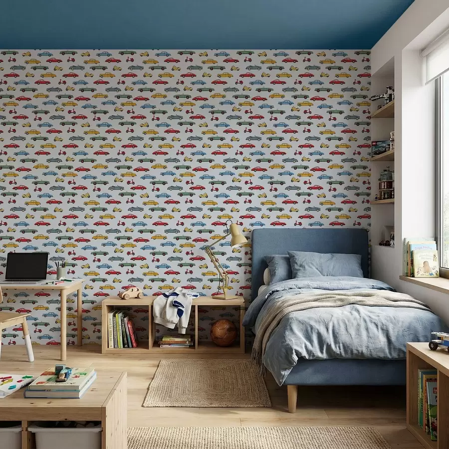 Papier peint Voitures et scooters rétro sur fond bleu a01172v2