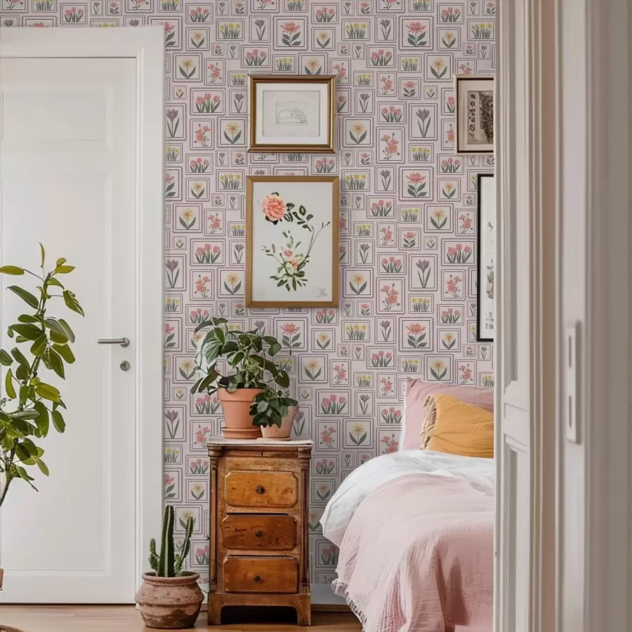 Papier peint Illustrations florales encadrées dans des tons lilas a01173v2