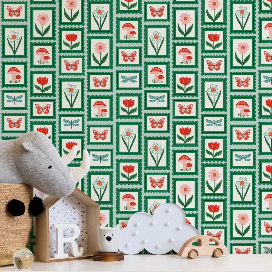 Papier peint Fleurs, champignons et papillons encadrés a01175