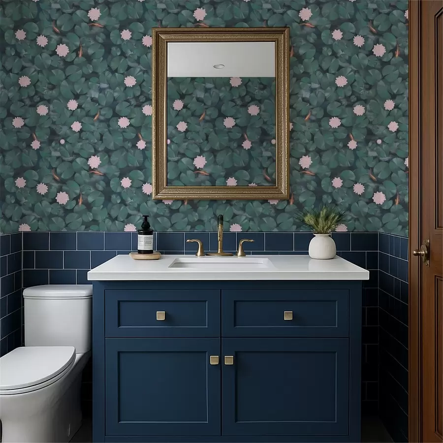 Papier peint Nénuphars avec des fleurs et des poissons sur fond sombre a01177