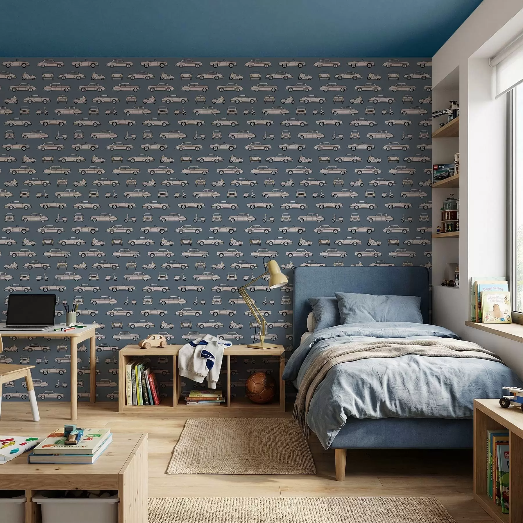Papier peint Voitures et scooters rétro sur fond bleu a01178
