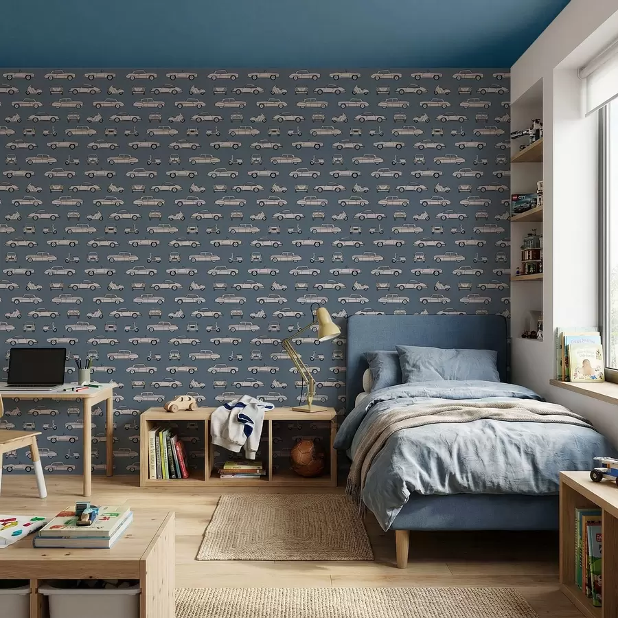 Papier peint Voitures et scooters rétro sur fond bleu a01178