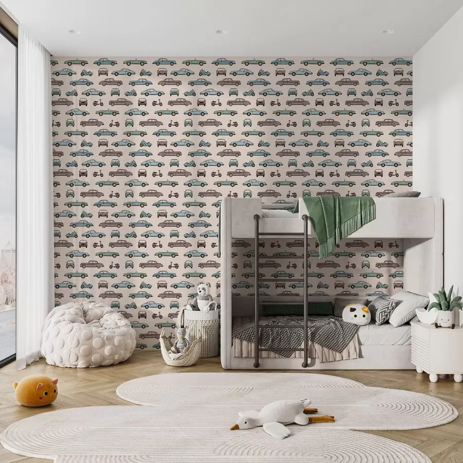 Papier peint Voitures et scooters rétro sur fond beige a01178v1