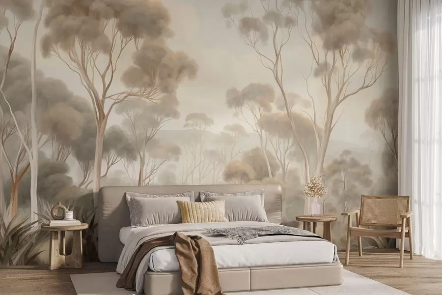 Papier peint Un paysage forestier brumeux avec de grands eucalyptus, des collines ondulantes sous un ciel nuageux, illustration texturée w09822