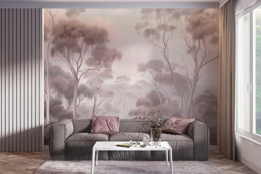 Papier peint Un paysage forestier brumeux avec de grands eucalyptus, des collines ondulantes sous un ciel nuageux, illustration texturée w09822v1