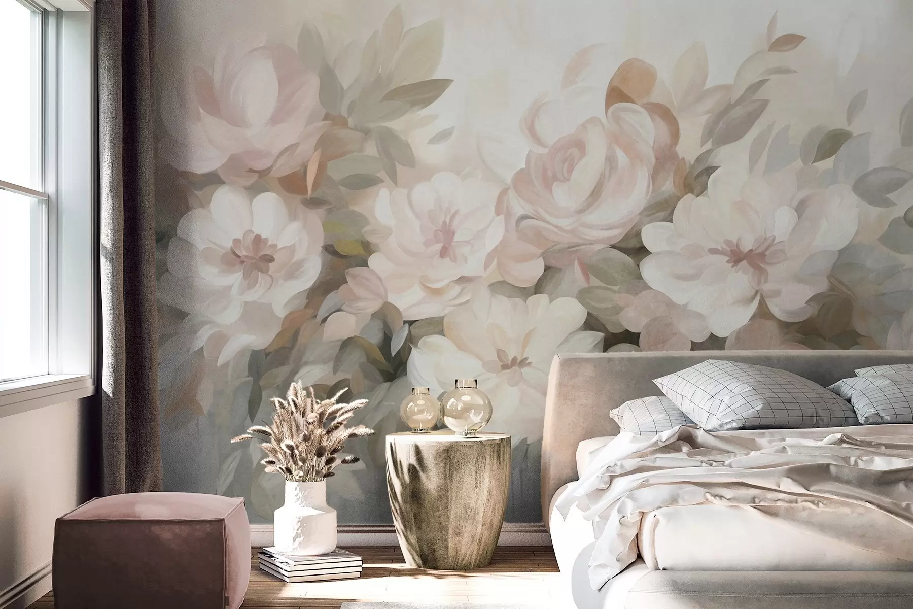 Papier peint Fleurs rose pâle et blanches avec des feuilles vertes, style peint, style impressionniste, art texturé w09824