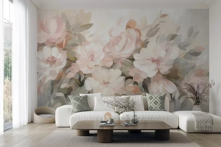 Papier peint Fleurs rose pâle et blanches avec des feuilles vertes, style peint, style impressionniste, art texturé w09824