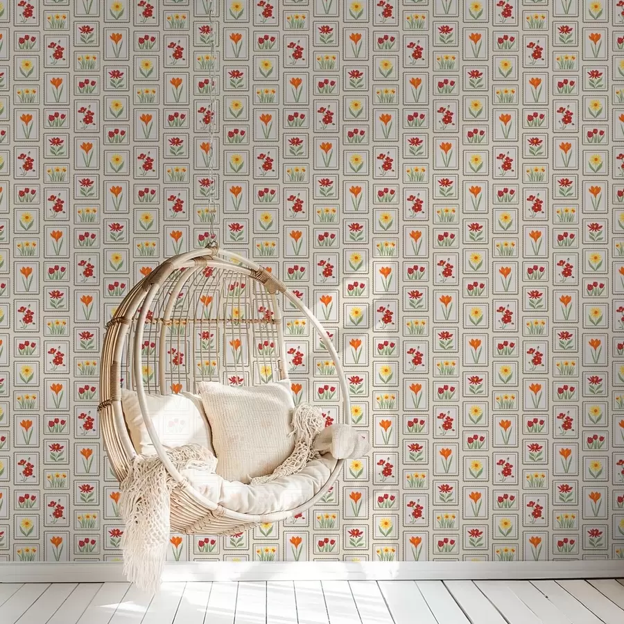 Papier peint Illustrations florales aux couleurs vives et encadrées a01174v1