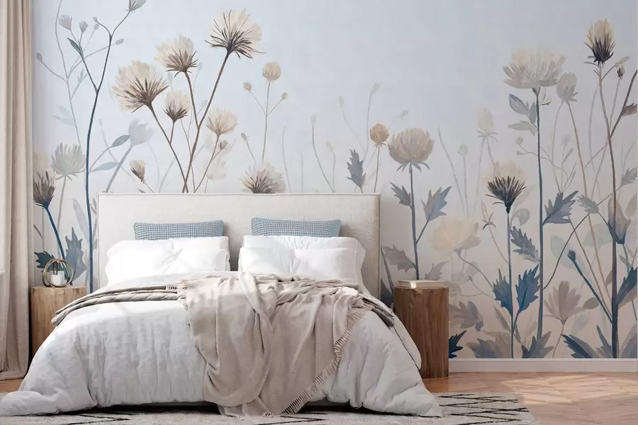 Papier peint Des herbes et des fleurs sauvages peintes dans un style pittoresque sur un fond clair w05563