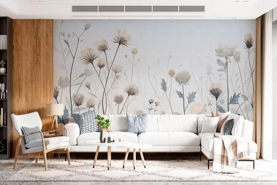 Papier peint Des herbes et des fleurs sauvages peintes dans un style pittoresque sur un fond clair w05563
