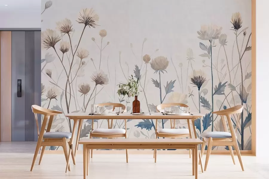 Papier peint Des herbes et des fleurs sauvages peintes dans un style pittoresque sur un fond clair w05563