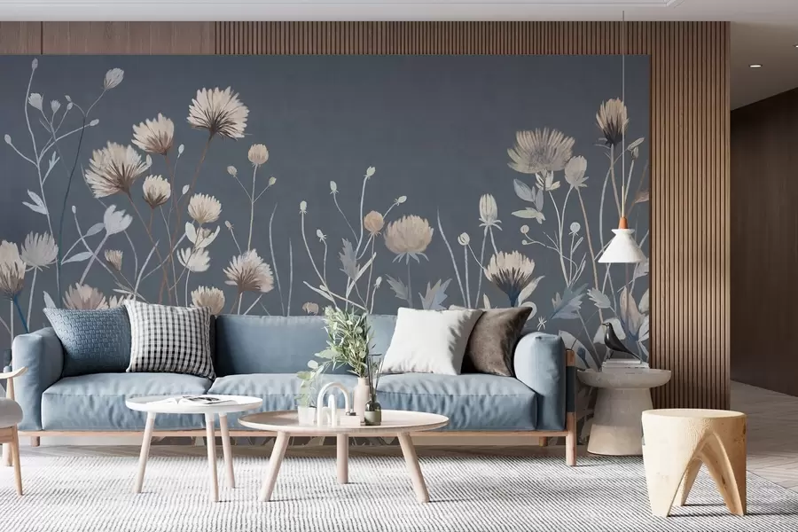 Papier peint Des fleurs sauvages et des herbes représentées dans un style pictural sur un fond bleu foncé w05563v1