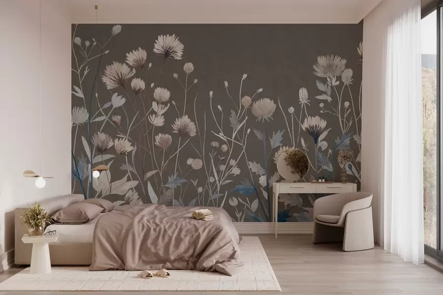 Papier peint Des herbes et des fleurs sauvages représentées dans un style pictural sur un fond gris-brun w05563v2