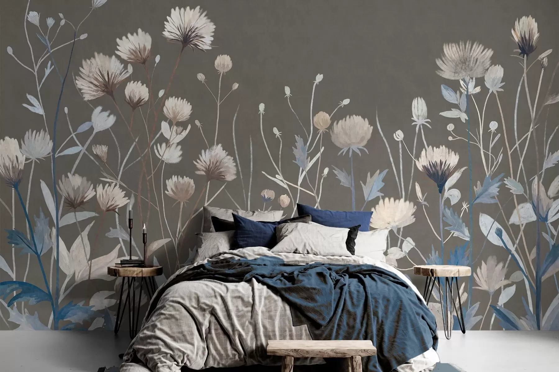Papier peint Des herbes et des fleurs sauvages représentées dans un style pictural sur un fond gris-brun w05563v2