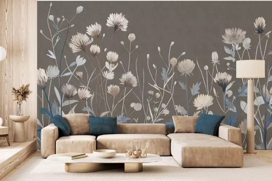 Papier peint Des herbes et des fleurs sauvages représentées dans un style pictural sur un fond gris-brun w05563v2