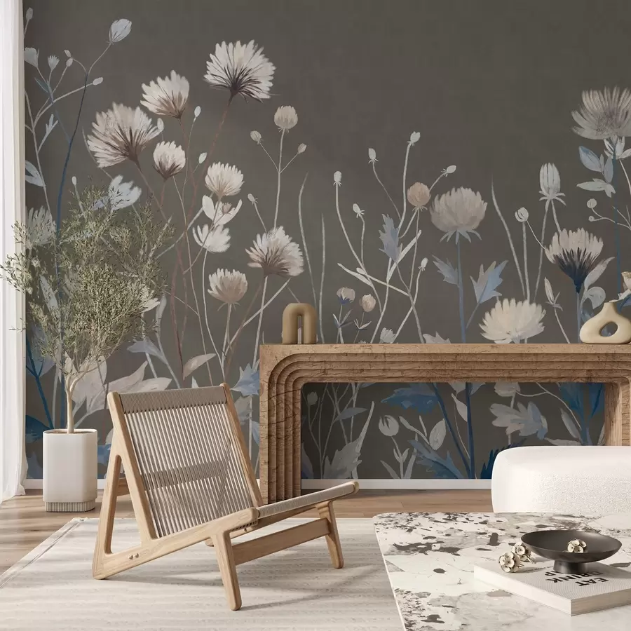 Papier peint Des herbes et des fleurs sauvages représentées dans un style pictural sur un fond gris-brun w05563v2