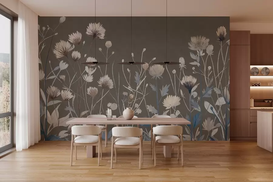 Papier peint Des herbes et des fleurs sauvages représentées dans un style pictural sur un fond gris-brun w05563v2