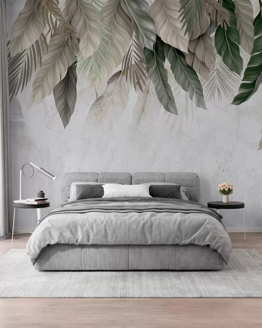 Papier peint Feuilles tropicales suspendues sur du béton w05521