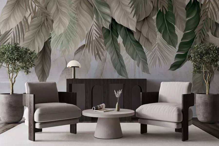 Papier peint Feuilles tropicales suspendues sur du béton w05521