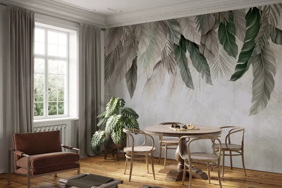 Papier peint Feuilles tropicales suspendues sur du béton w05521