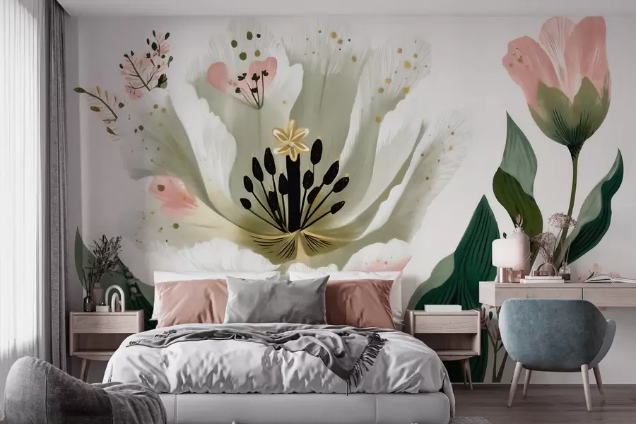 Papier peint Une fleur aux feuilles vertes rehaussées de touches de rose pâle, dans un style aquarelle w09836