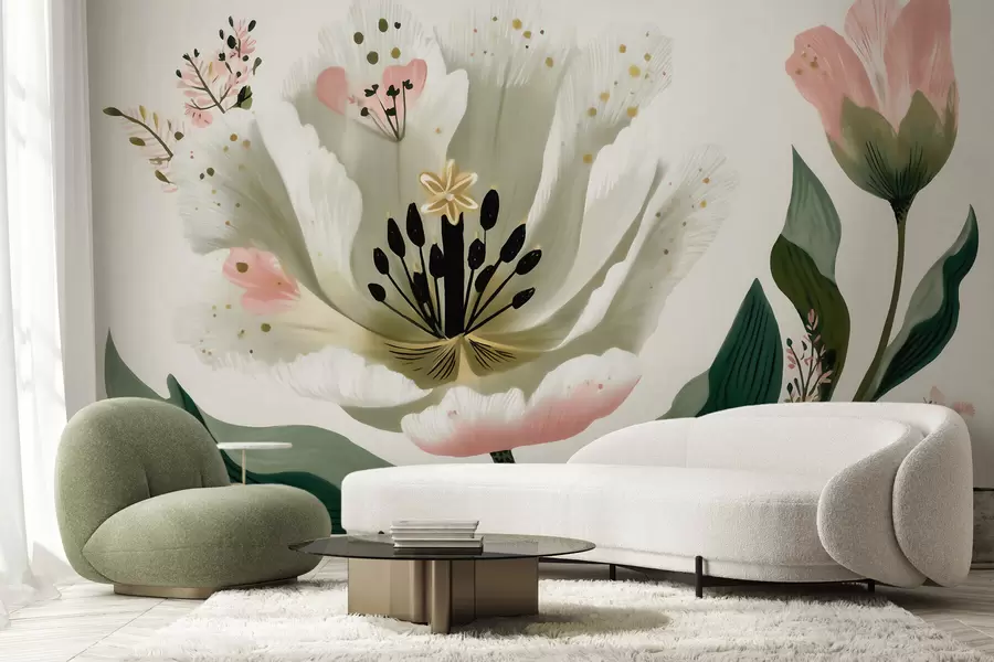 Papier peint Une fleur aux feuilles vertes rehaussées de touches de rose pâle, dans un style aquarelle w09836