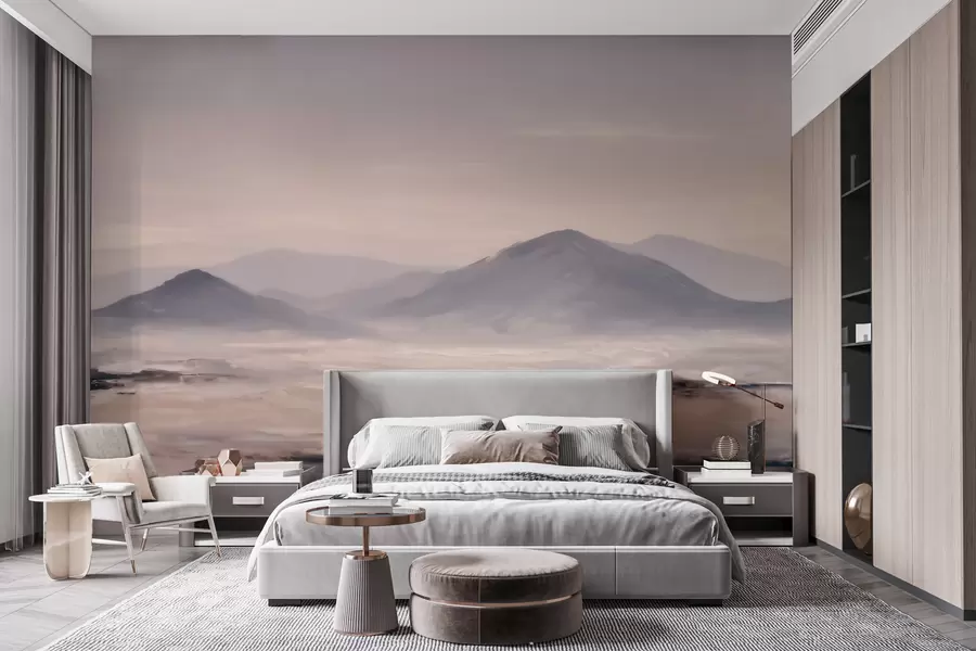 Papier peint Un paysage montagneux brumeux, avec des transitions douces entre la lumière et l'air, créant un effet de masque w09844