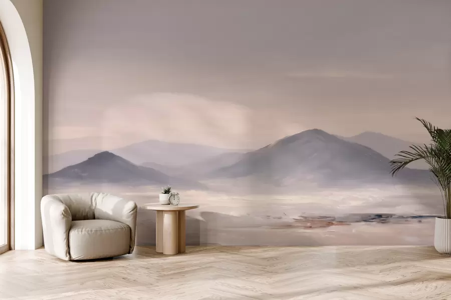 Papier peint Un paysage montagneux brumeux, avec des transitions douces entre la lumière et l'air, créant un effet de masque w09844