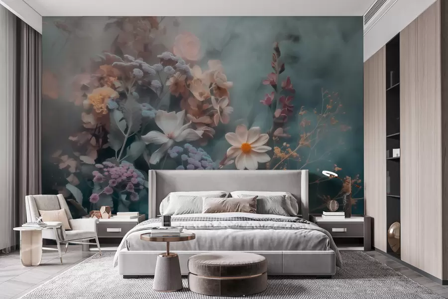 Papier peint Une composition envoûtante de fleurs sauvages, nappée d'une légère brume aux tons pastel w09846