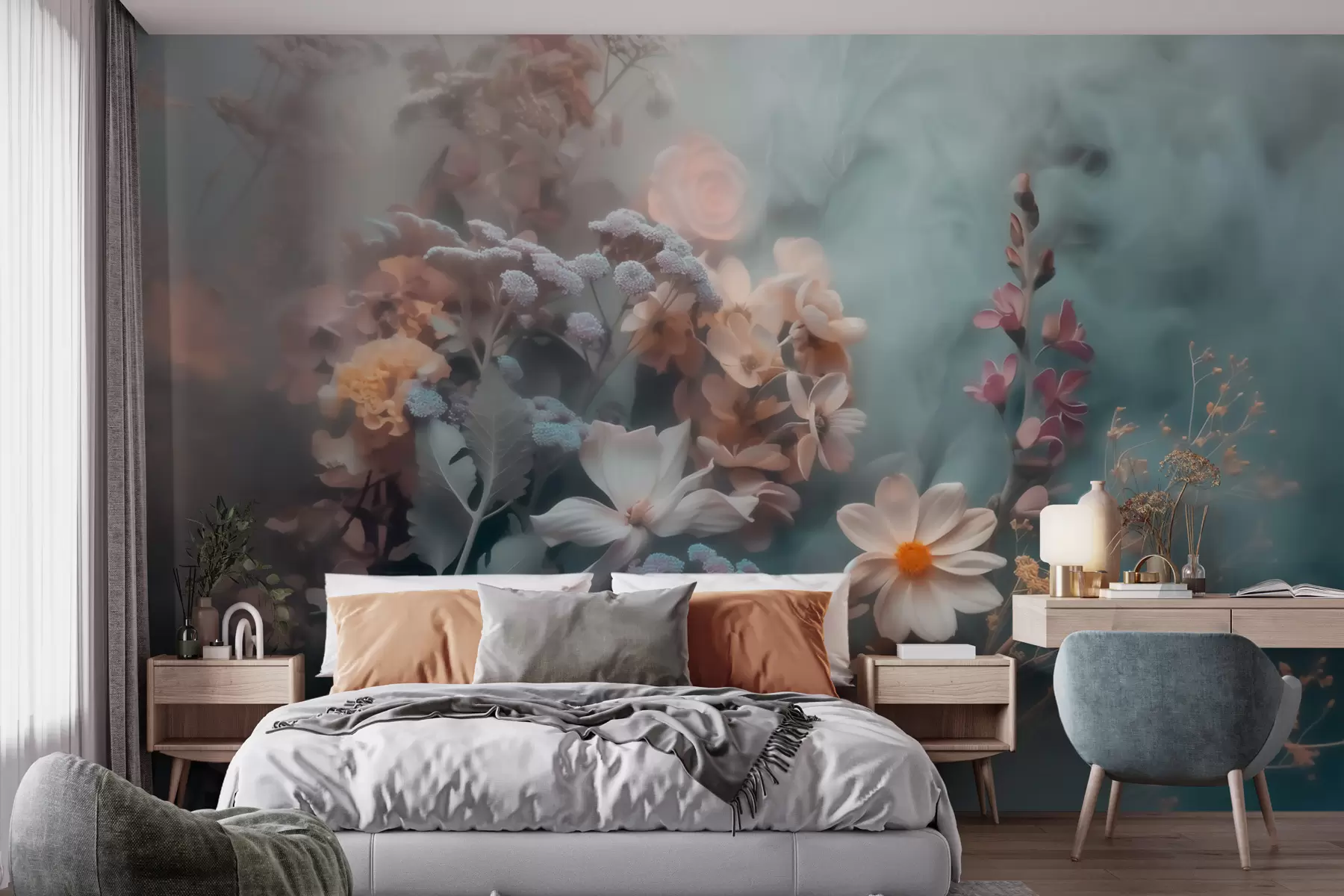 Papier peint Une composition envoûtante de fleurs sauvages, nappée d'une légère brume aux tons pastel w09846