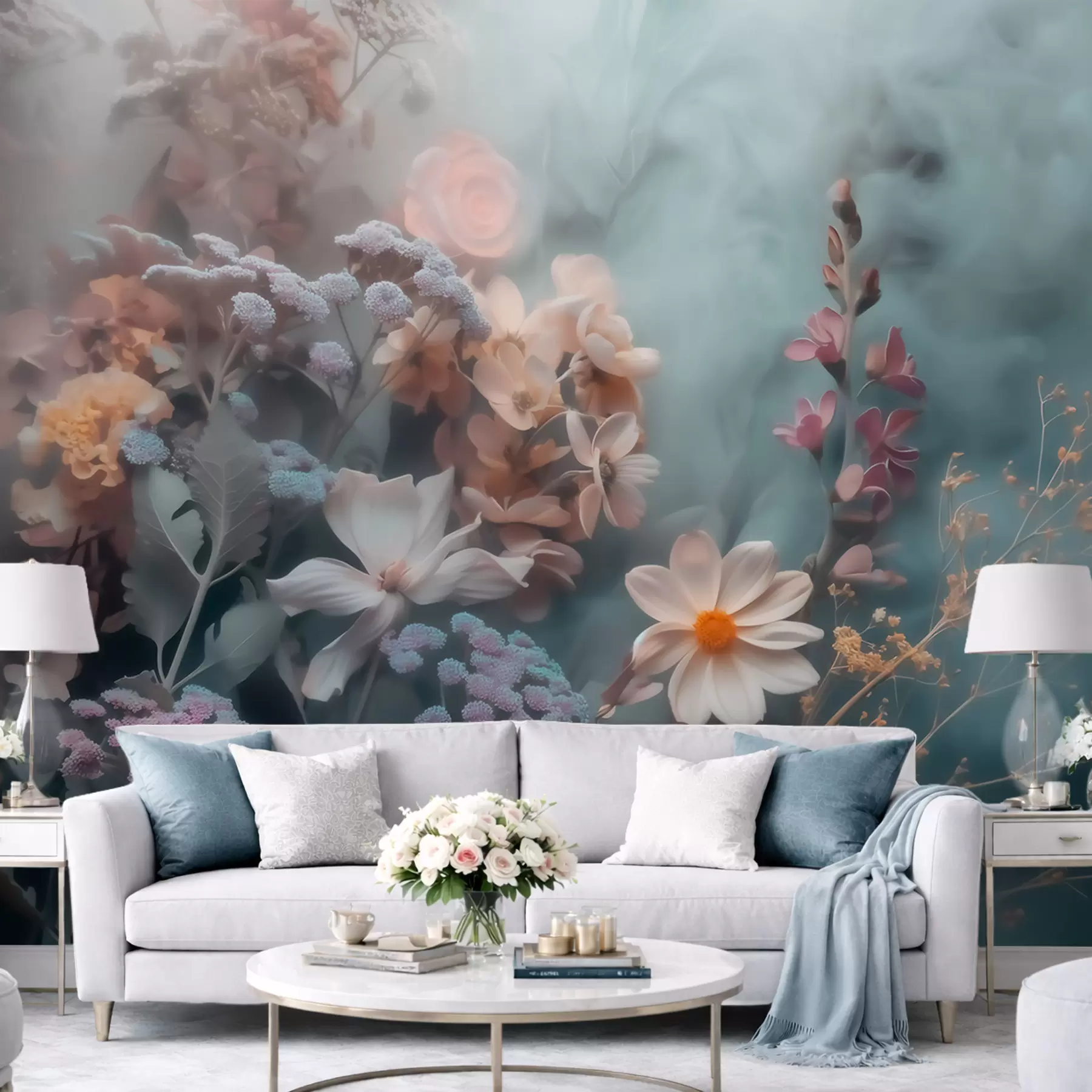 Papier peint Une composition envoûtante de fleurs sauvages, nappée d'une légère brume aux tons pastel w09846