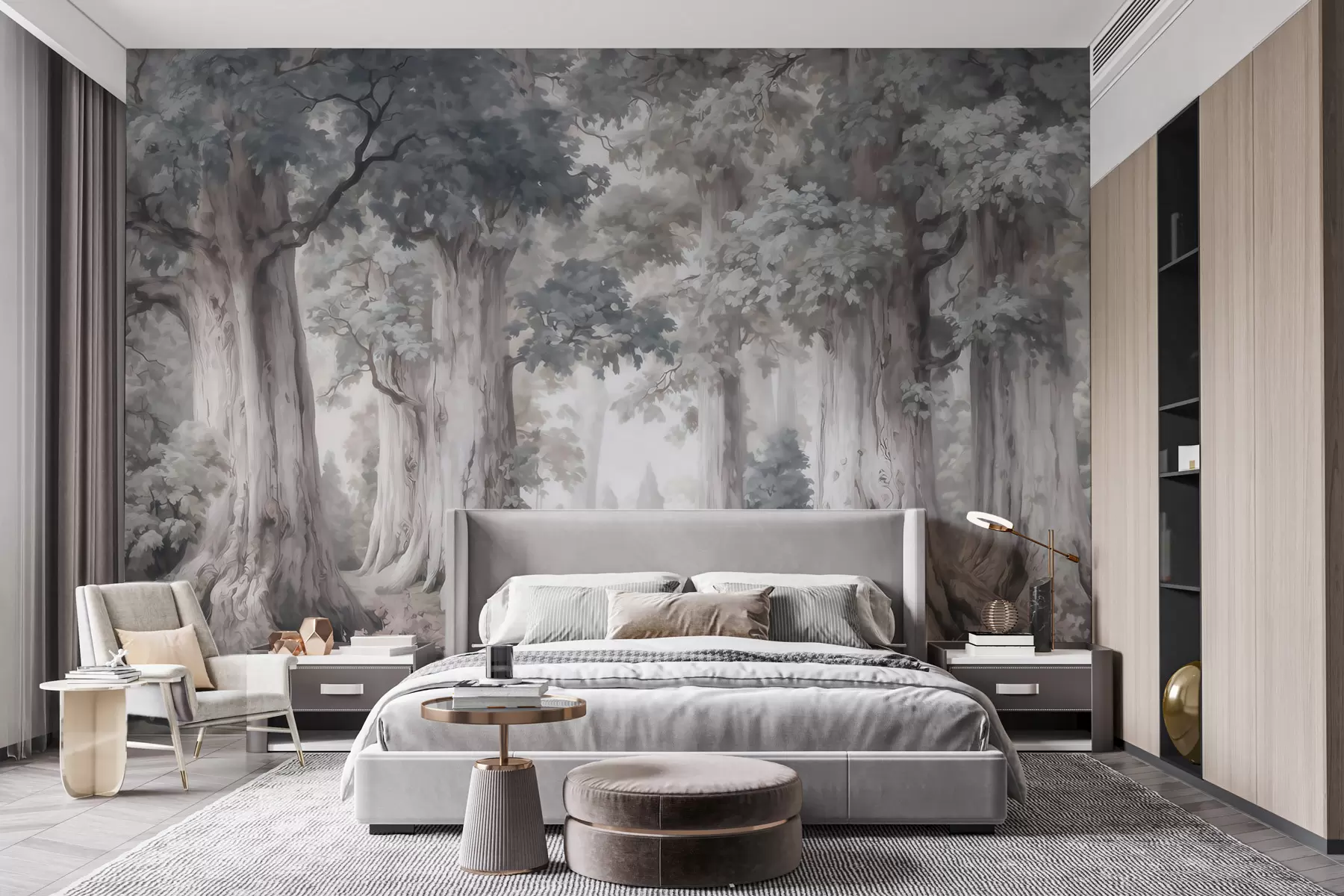 Papier peint Une forêt féérique avec de grands arbres et une palette de couleurs douces et discrètes, dans un style aquarelle w09849