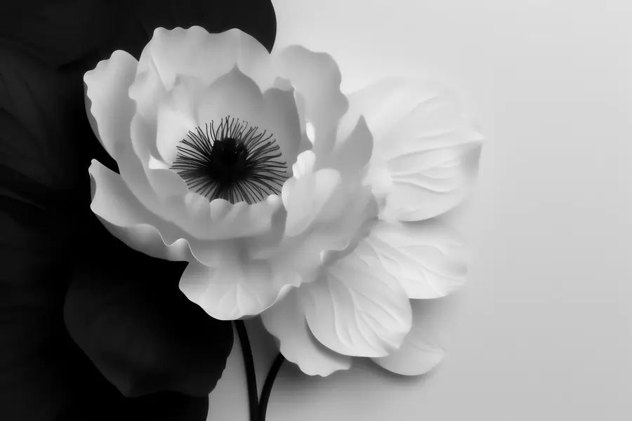 Papier peint Une fleur blanche contrastant avec son cœur sombre sur un fond noir et blanc w09852