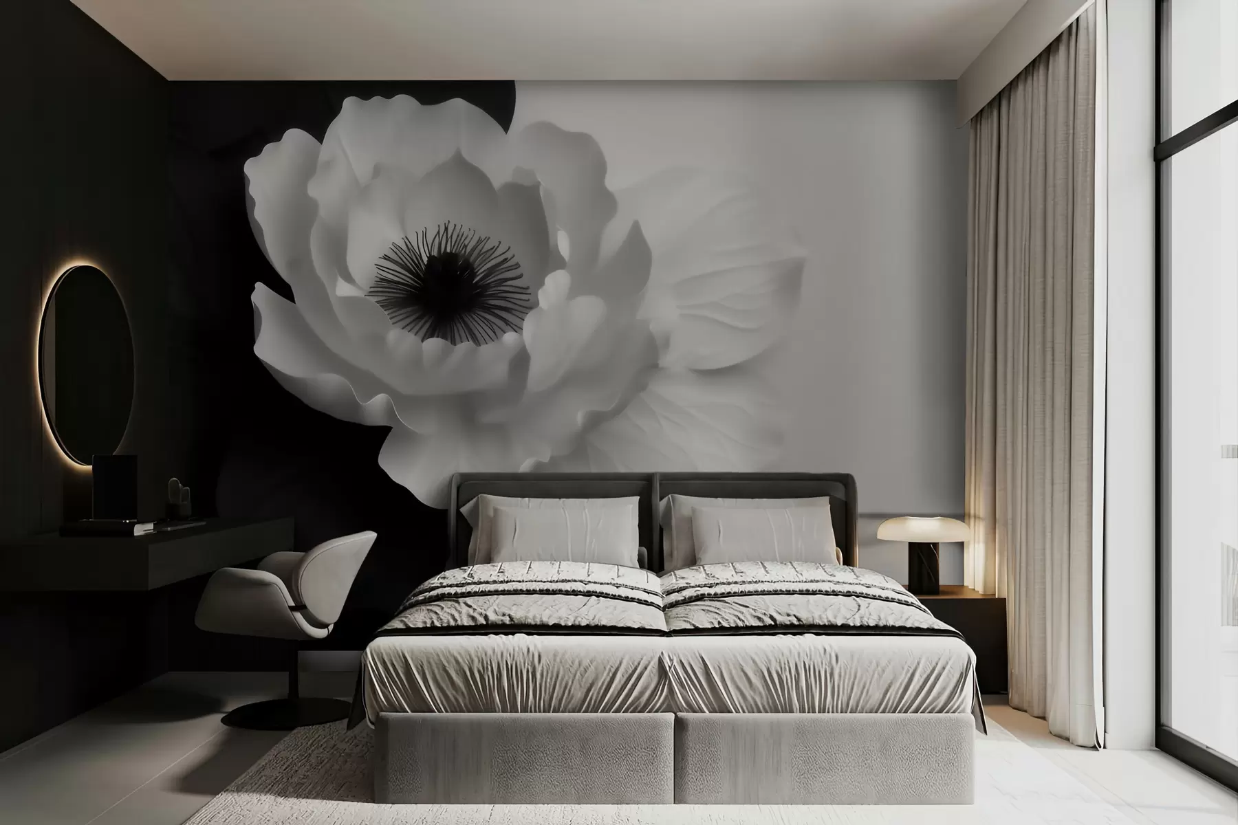 Papier peint Une fleur blanche contrastant avec son cœur sombre sur un fond noir et blanc w09852