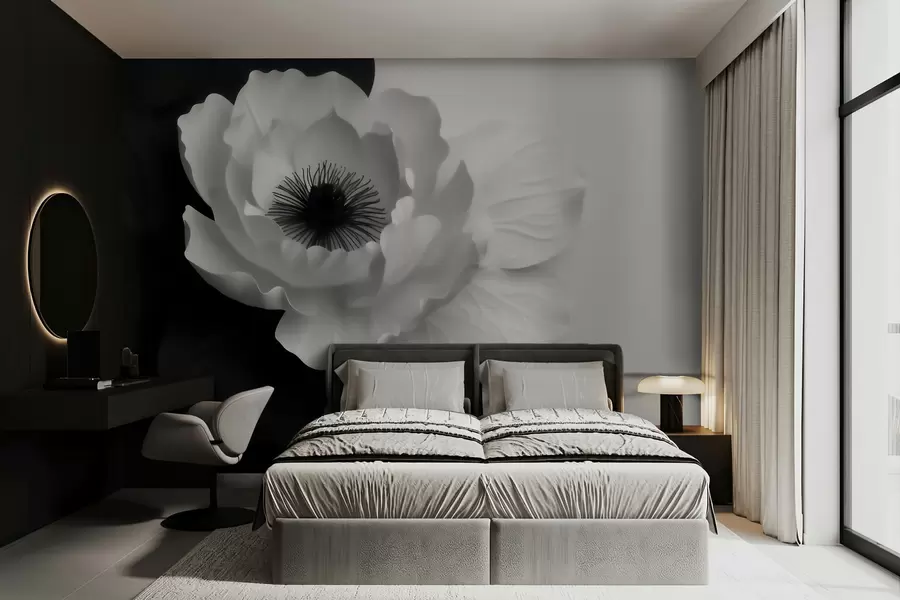 Papier peint Une fleur blanche contrastant avec son cœur sombre sur un fond noir et blanc w09852