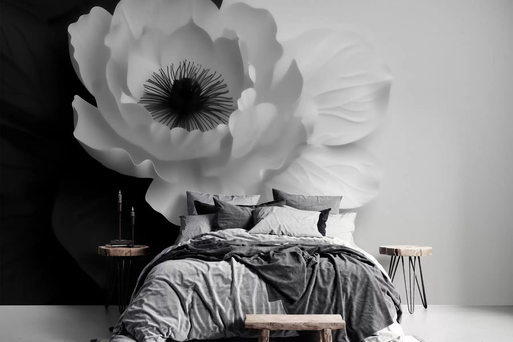Papier peint Une fleur blanche contrastant avec son cœur sombre sur un fond noir et blanc w09852