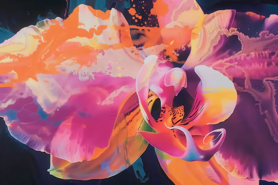 Papier peint Une fleur d'orchidée abstraite aux couleurs vives et aux formes dynamiques, dans un style aquarelle w09855