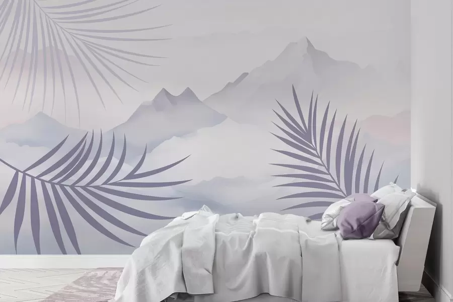 Papier peint Des feuilles de palmier avec les montagnes en arrière-plan w05548
